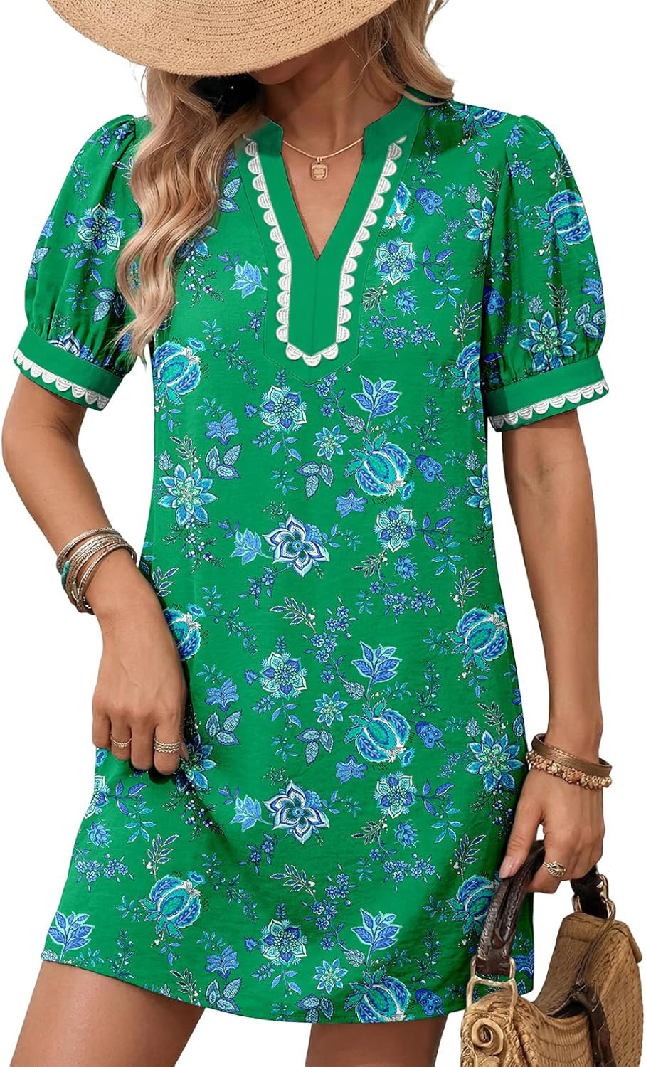 Color-Block Short Sleeve Half-Open V-Neck Straight Vacation Dress