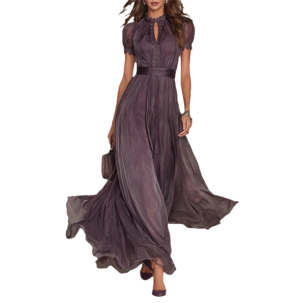 Purple High-Neck Lace Panel Flowy Chiffon Long Dress