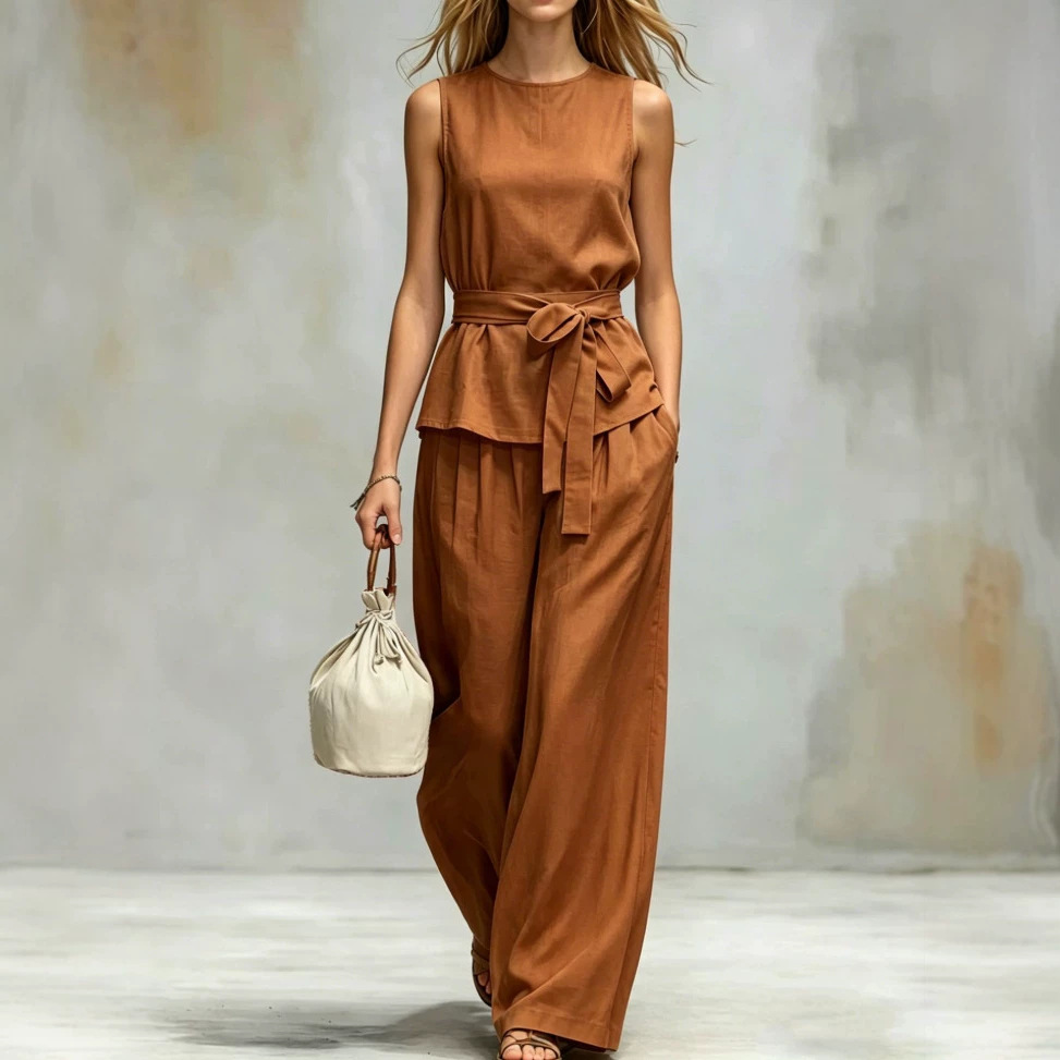 Women's Sleeveless Cotton-Linen Two-Piece Set with Belt