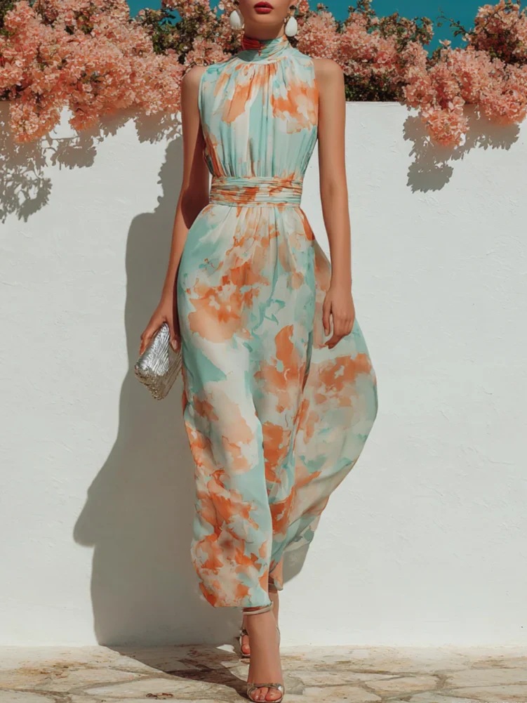 Sleeveless Digital Print Cinched Waist Pleated Midi Shirt Dress