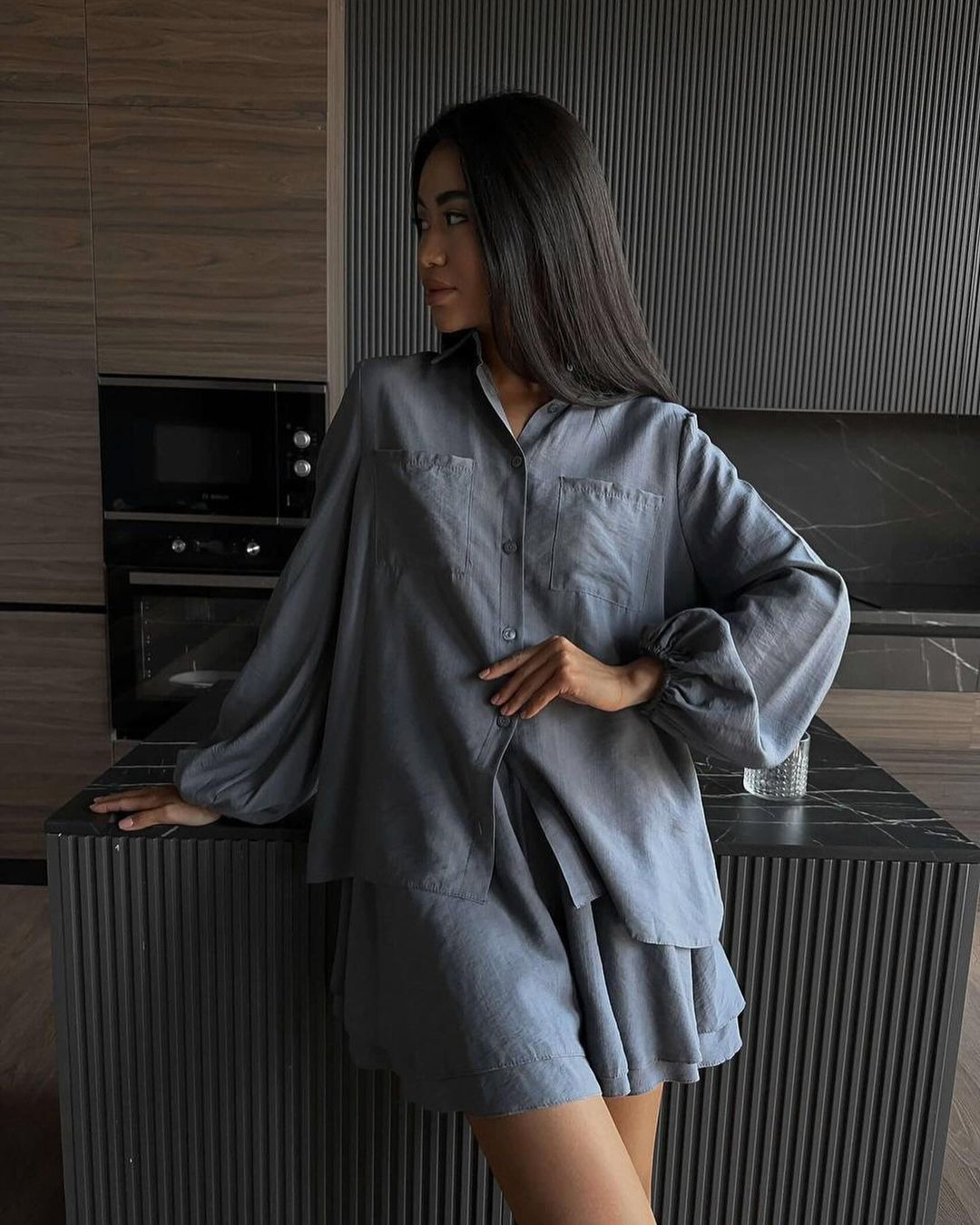 Women's Long Sleeve Ruffle Shorts Casual Set
