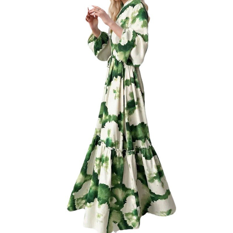 Women's Colorblock Floral Print V-Neck Waist-Cinched Midi Dress