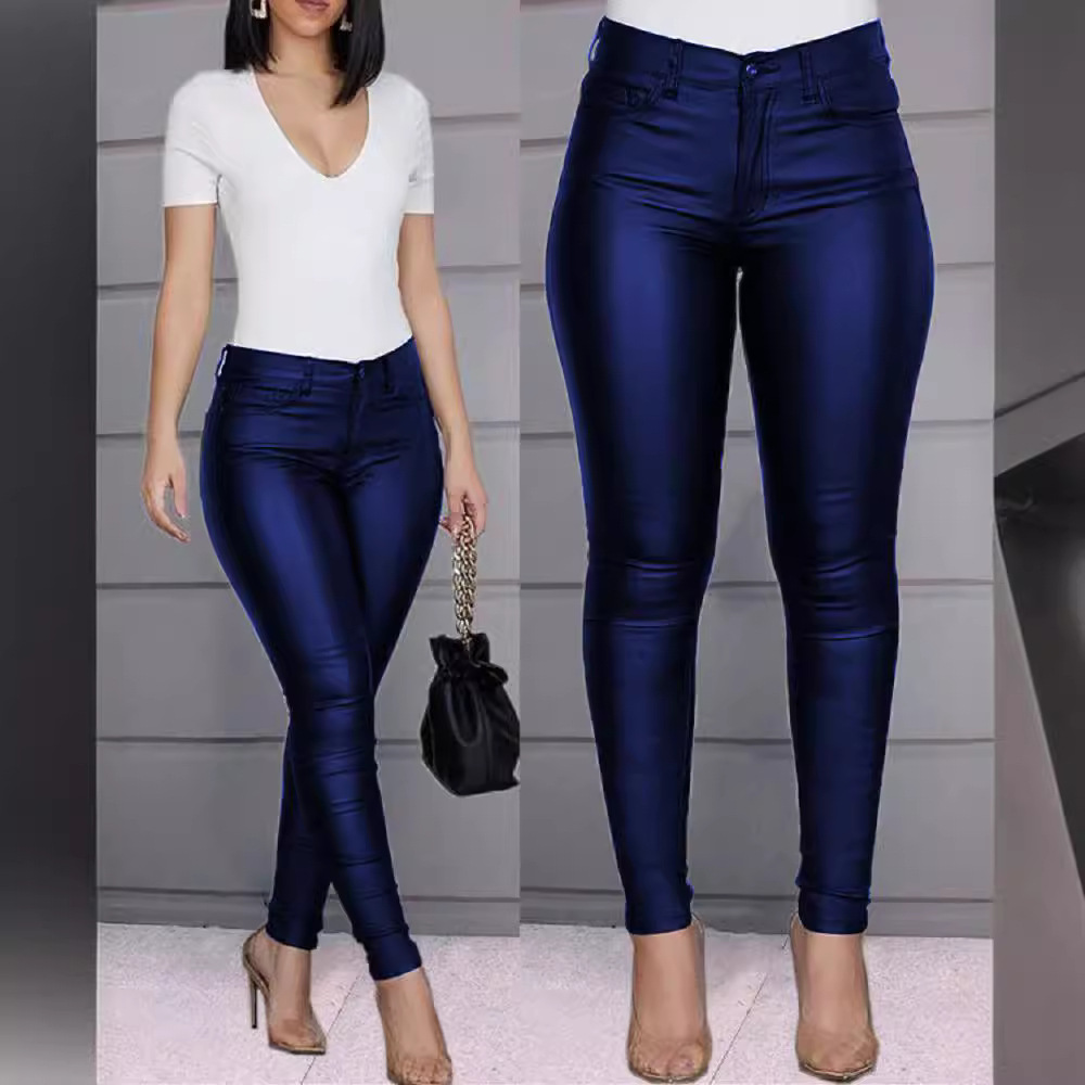 Women's Solid PU Leather Skinny Pants High Waist Stretchy Long Trousers