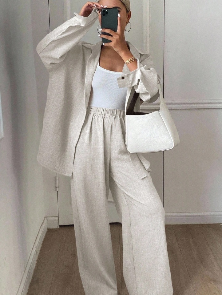 Relaxed Cotton-Linen Long-Sleeve Shirt and Pants Two-Piece Set in Apricot