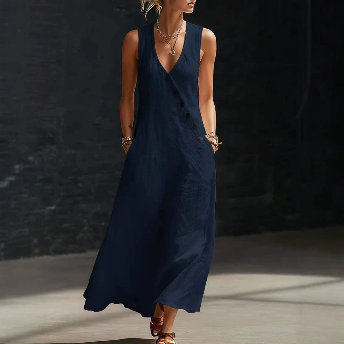 V-Neck Sleeveless Button-Front Midi Dress Cotton-Linen Vacation Casual