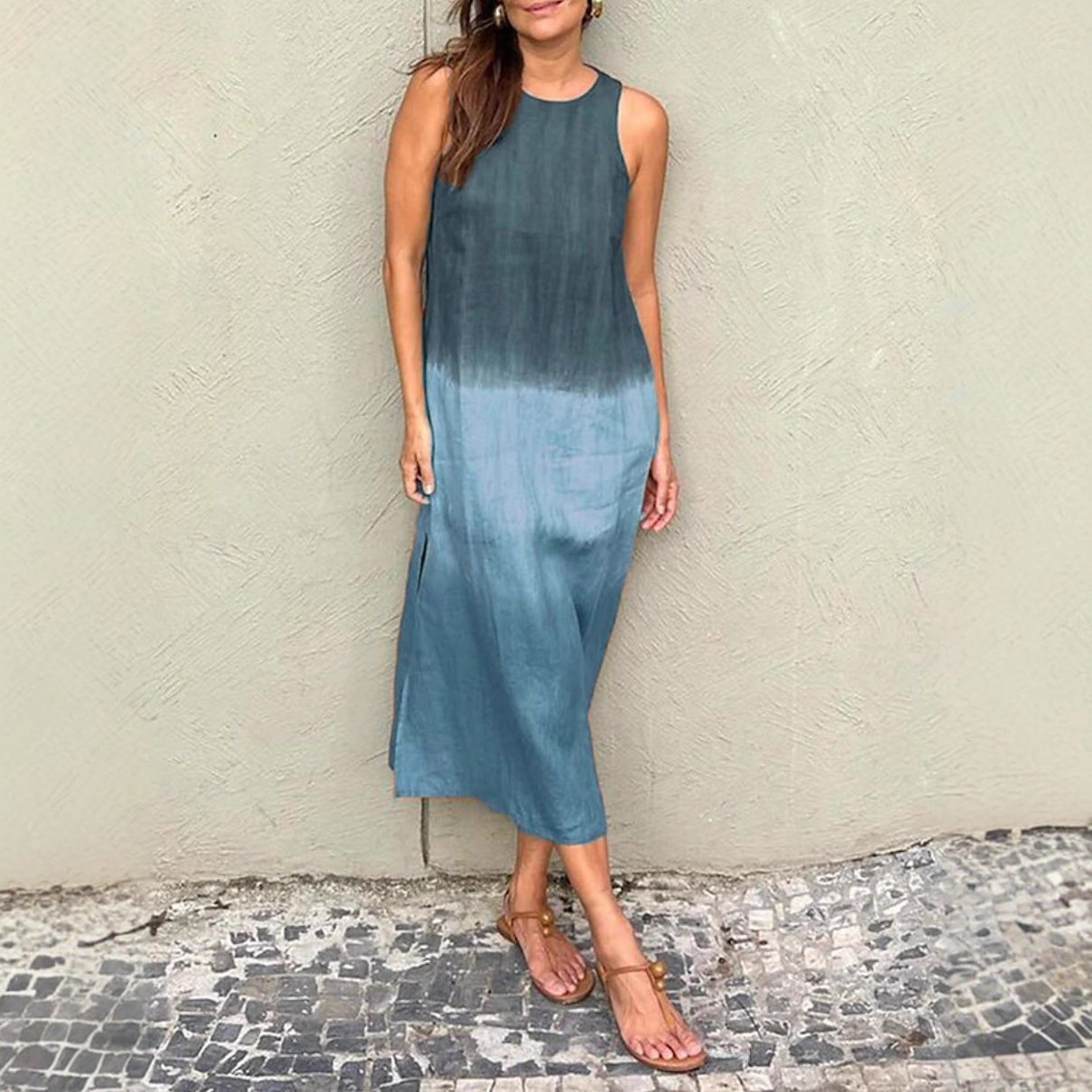 Women's Sleeveless Colorblock Print Round Neck Loose Dress