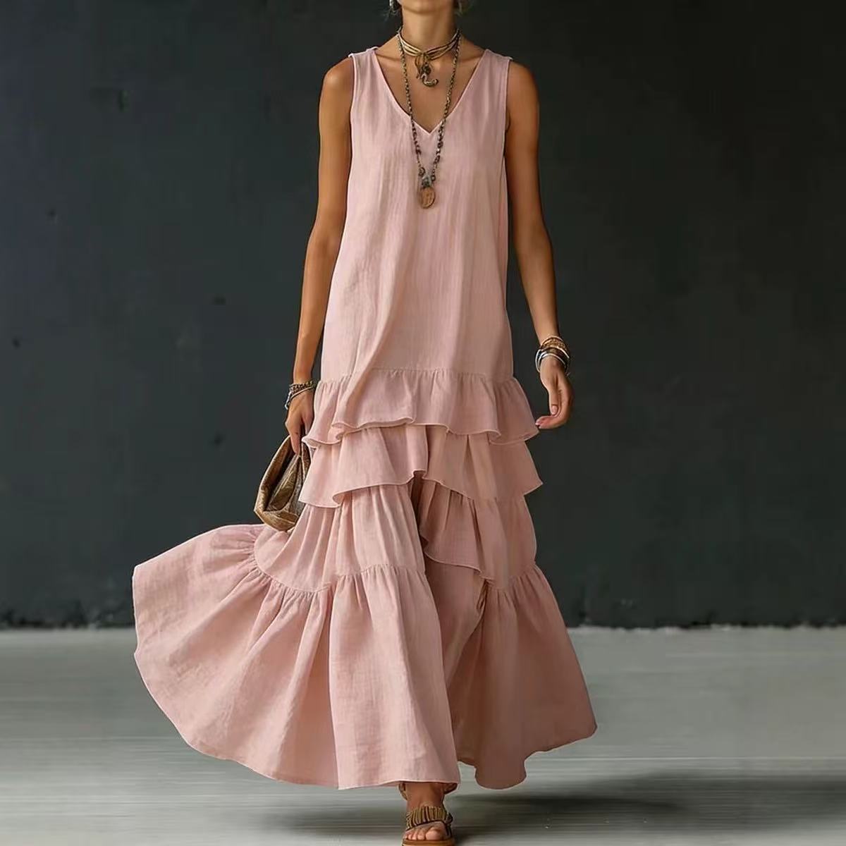 Solid Color Loose Fit Sleeveless Maxi Dress with Full Skirt