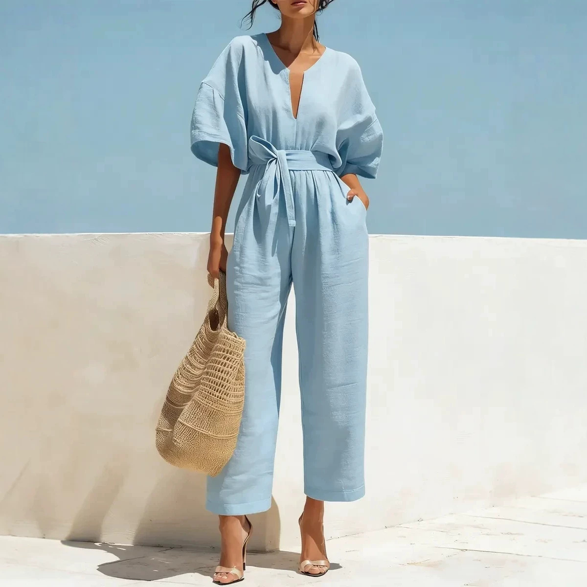 Elegant V-Neck Solid Cotton-Blend Jumpsuit for Women