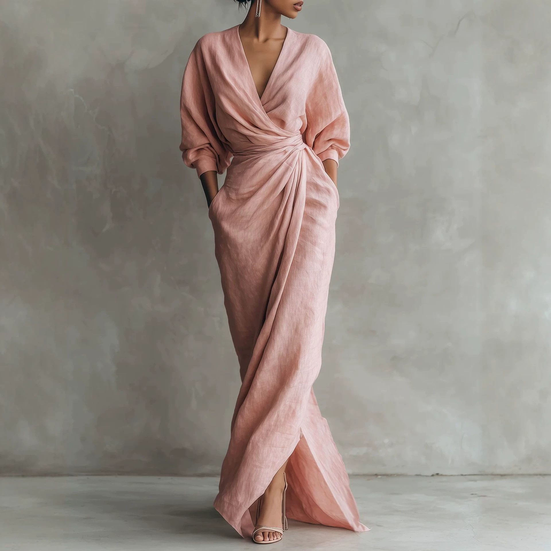 V-Neck Solid Linen-Blend Loose A-Line Midi Dress