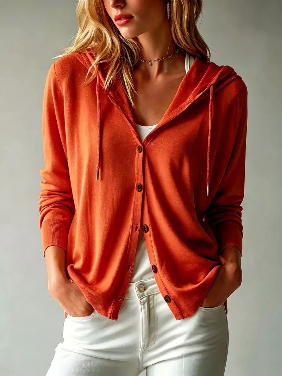 Women's Hooded Knit Cardigan Sweater Solid Color Long Sleeve Loose Fit
