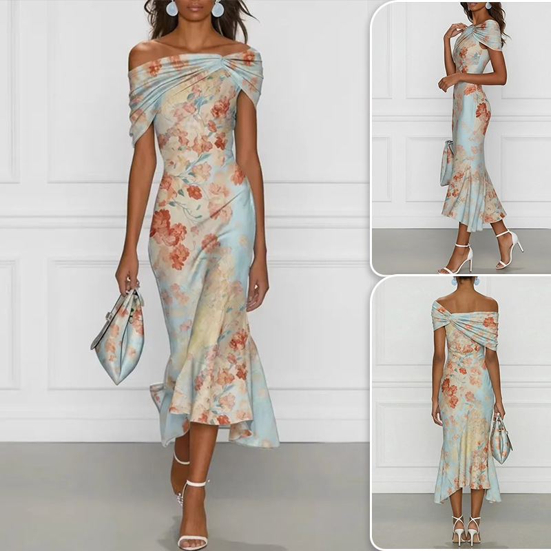 Off-Shoulder Waist-Cinched Floral Mermaid Dress
