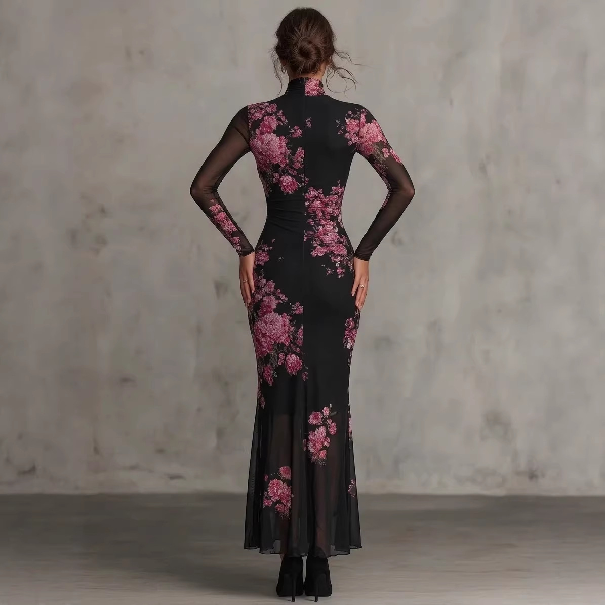 Black Mesh Print High Neck Long Sleeve Bodycon Mermaid Dress