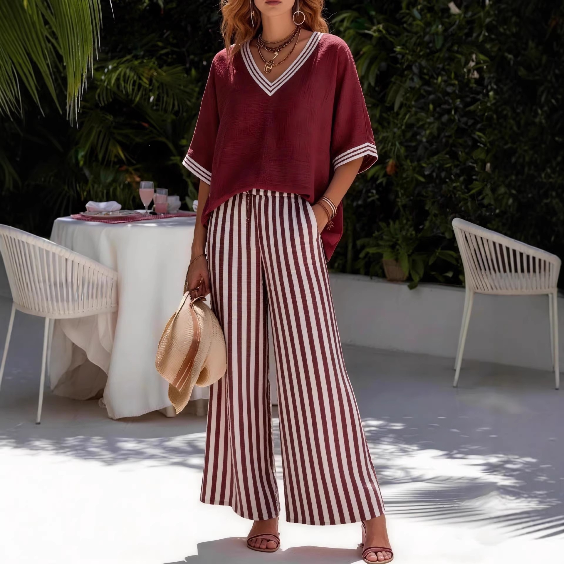 Women's Striped V-Neck Two-Piece Set Casual Loose Fit