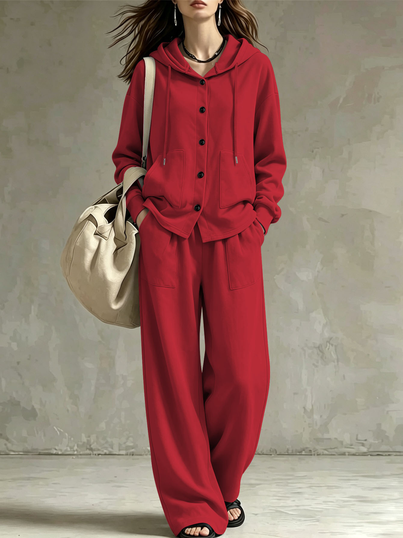 Women's Loose Hooded Cardigan and Wide-Leg Pants Two-Piece Set