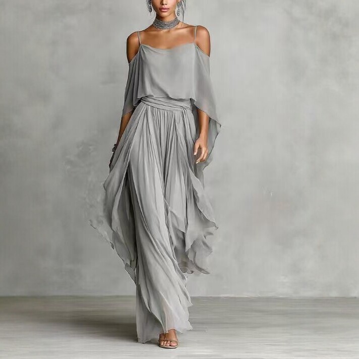 Gray Chiffon Off-Shoulder Cami & Wide-Leg Pants Set