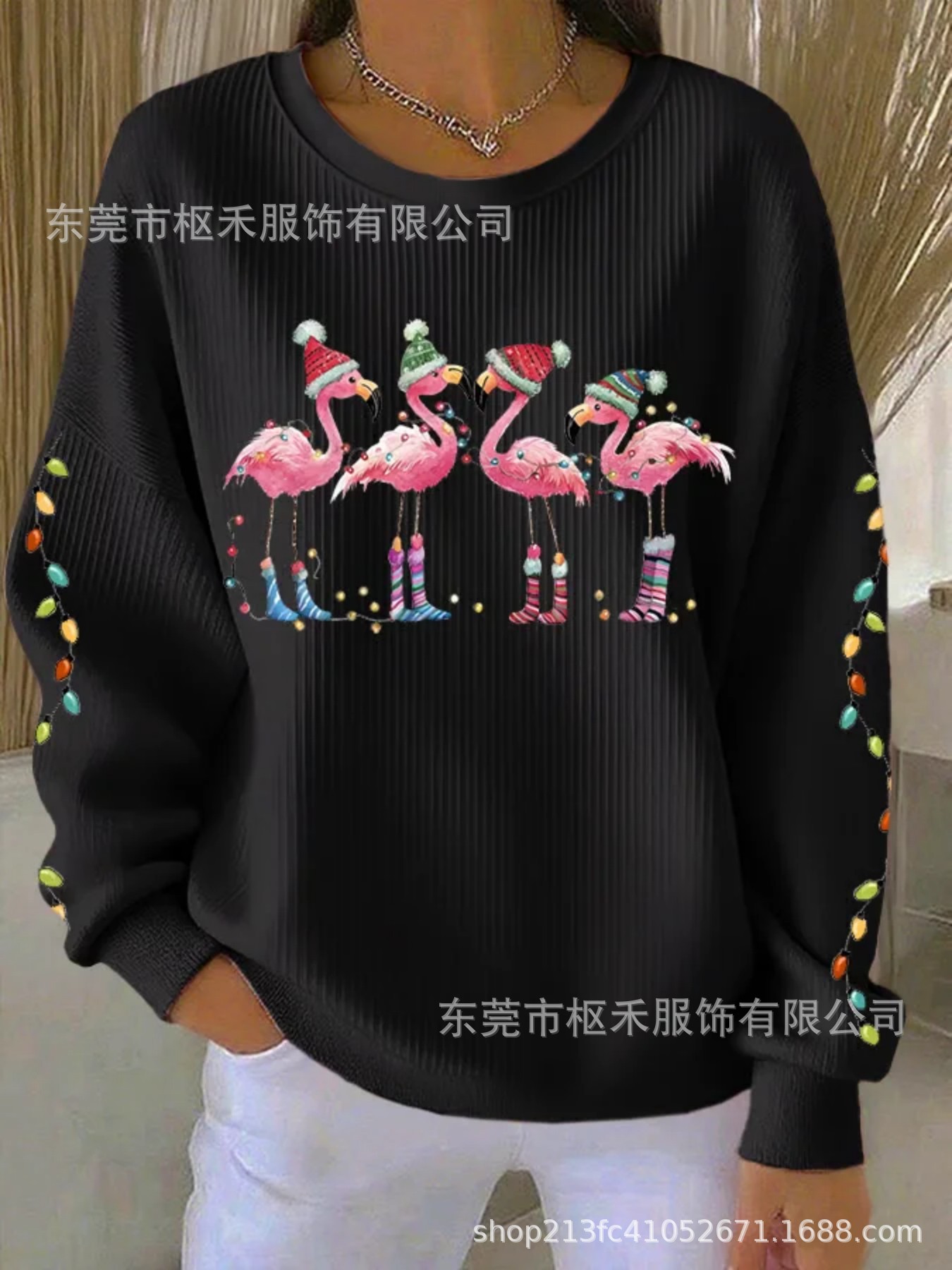 Flamingo Print Crewneck Long Sleeve Pullover Sweatshirt