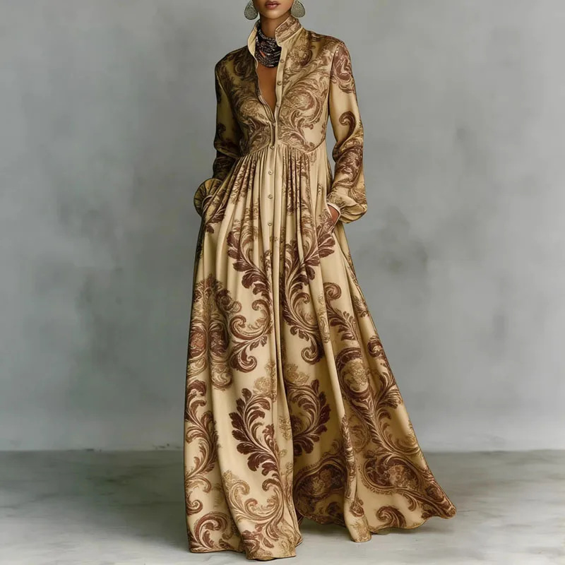 French Style Printed Long Dress with Collar, Loose Casual Vacation Dress