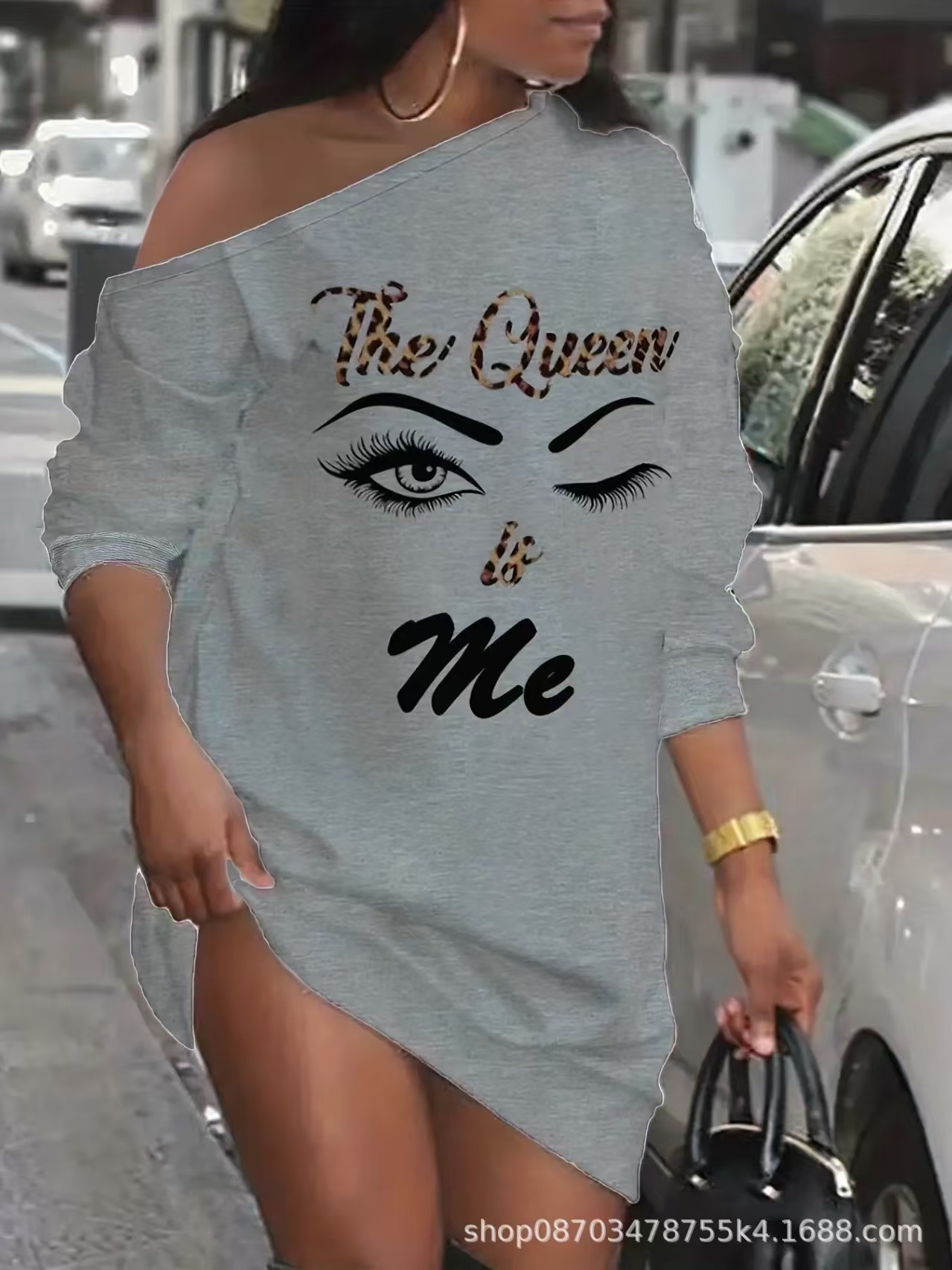 Women's Off-Shoulder Long-Sleeve Sweatshirt Dress with Letter Print