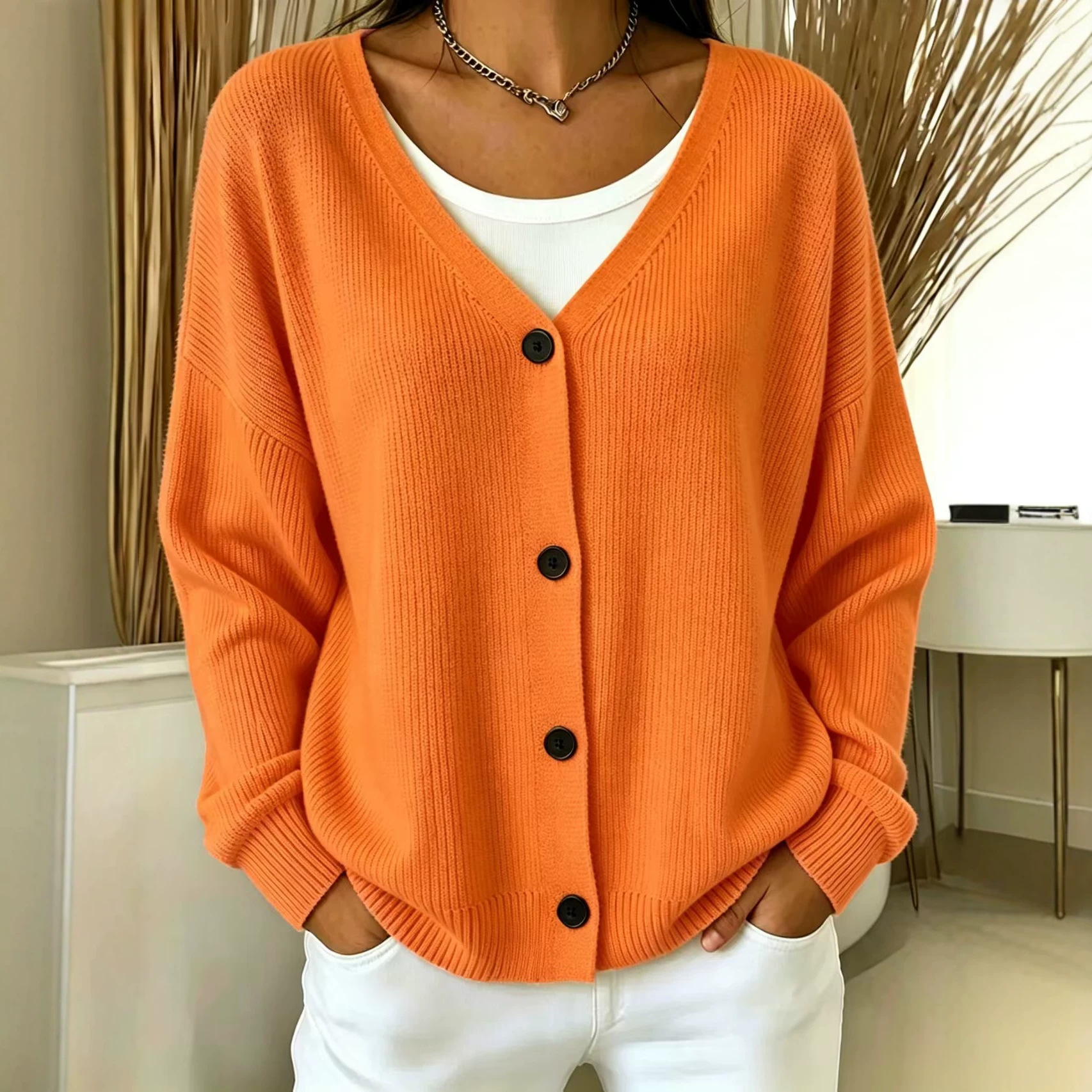 V-Neck Button-Up Knit Cardigan