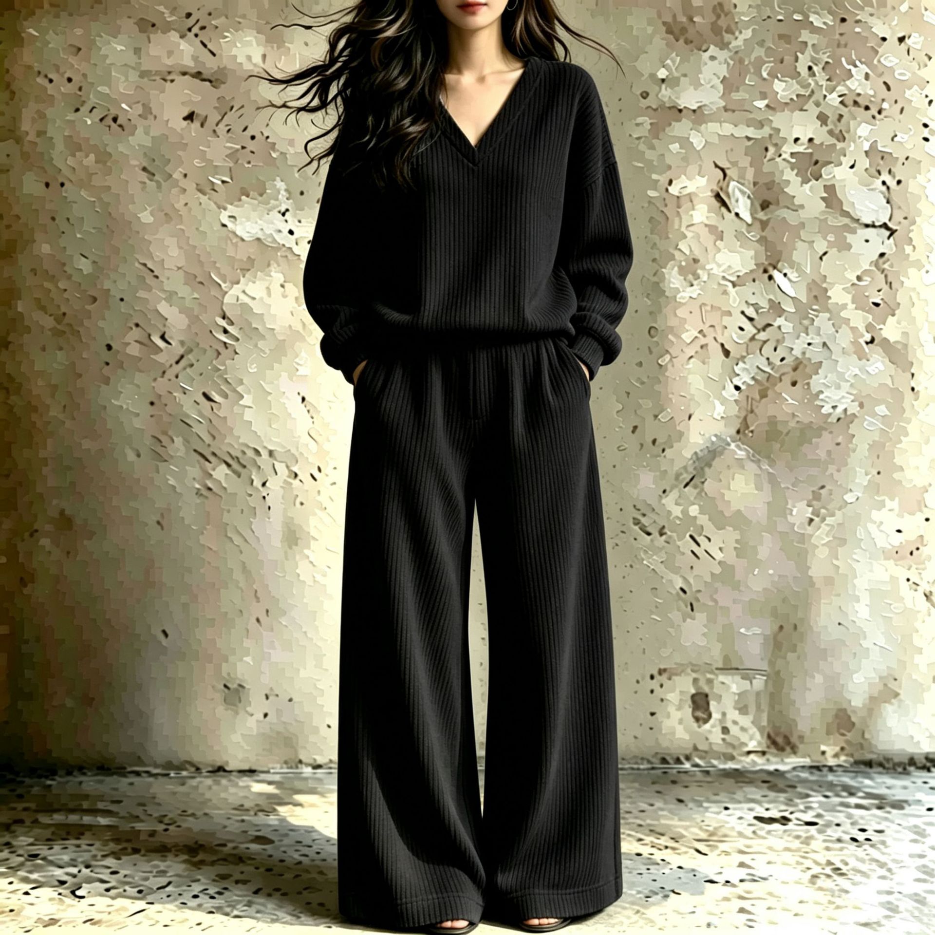 Women's V-Neck Ribbed Knit Two-Piece Lounge Set Long Sleeve Top and Pants