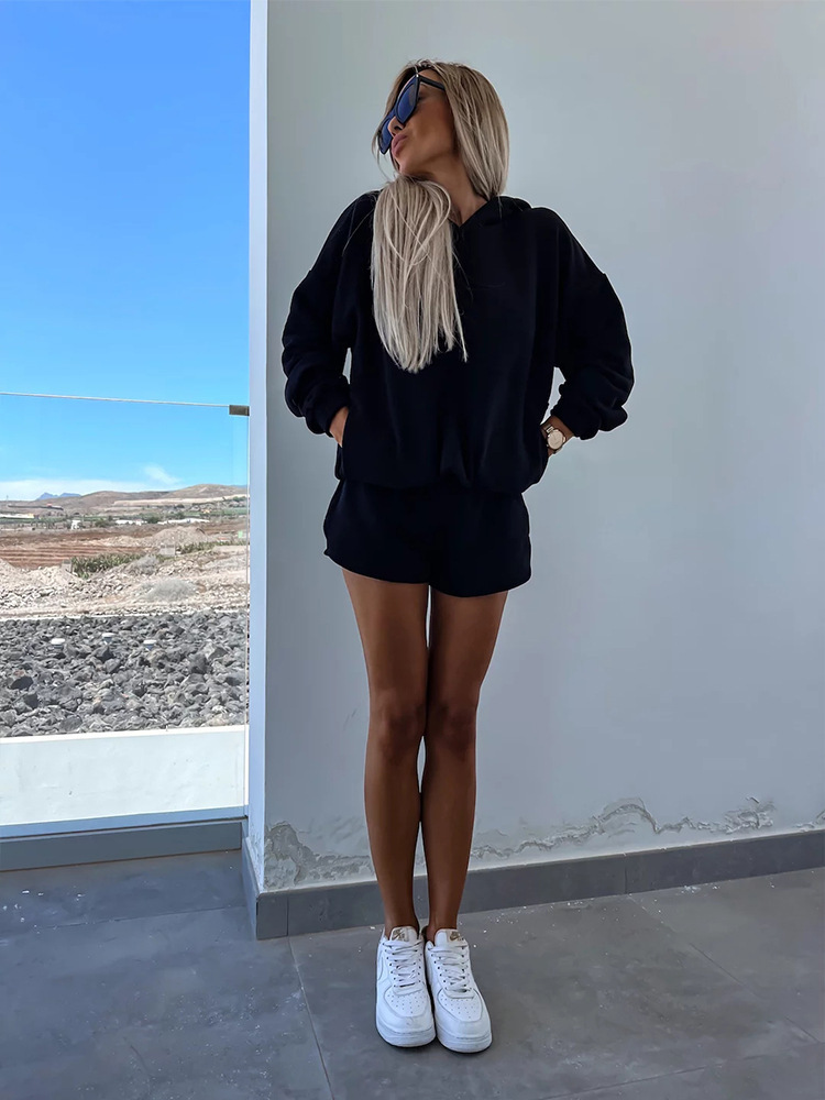 Women's Casual Hoodie and Shorts Set Loose Long Sleeve Solid Color