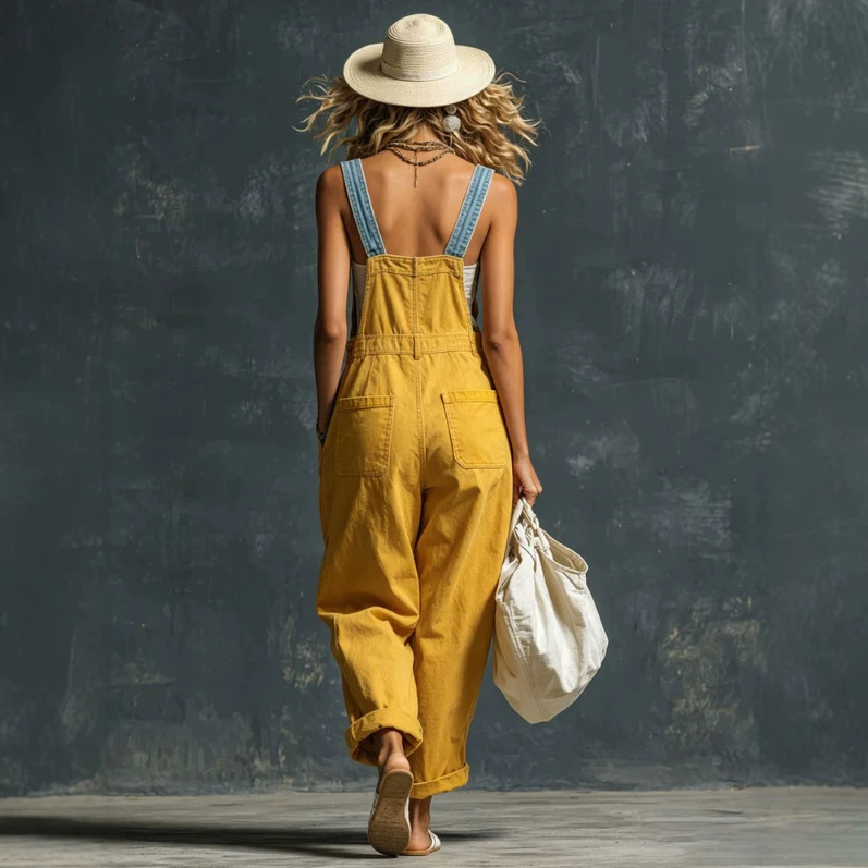 Western Vintage Blue Yellow Vest Style Zip Jumpsuit
