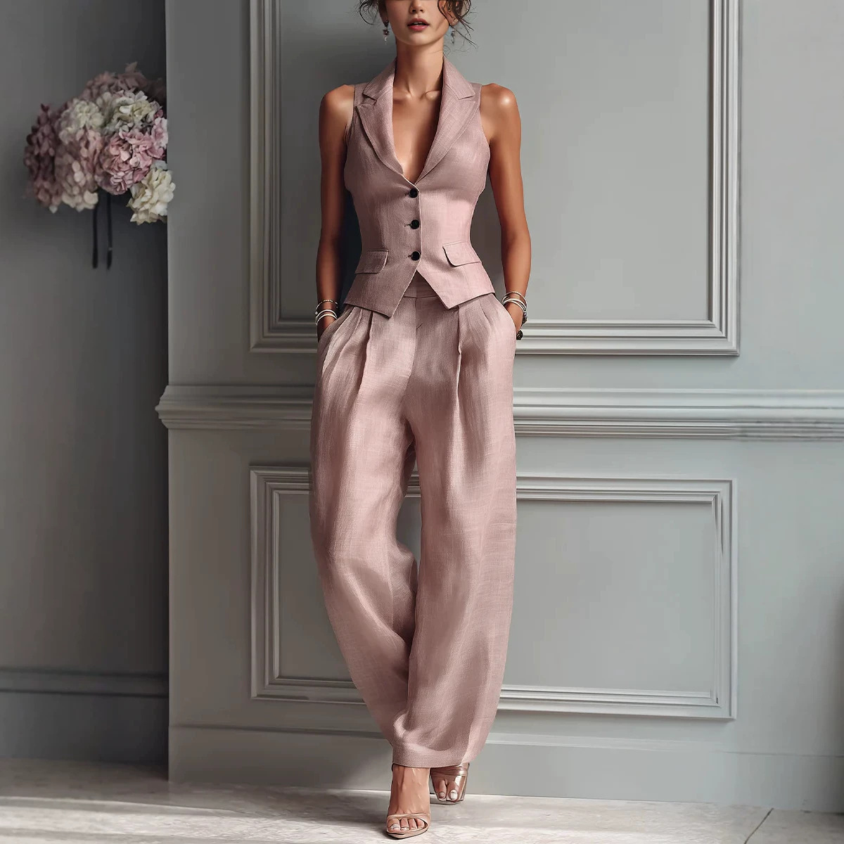 Women's Lapel Single-Breasted Vest & Pants Two-Piece Set