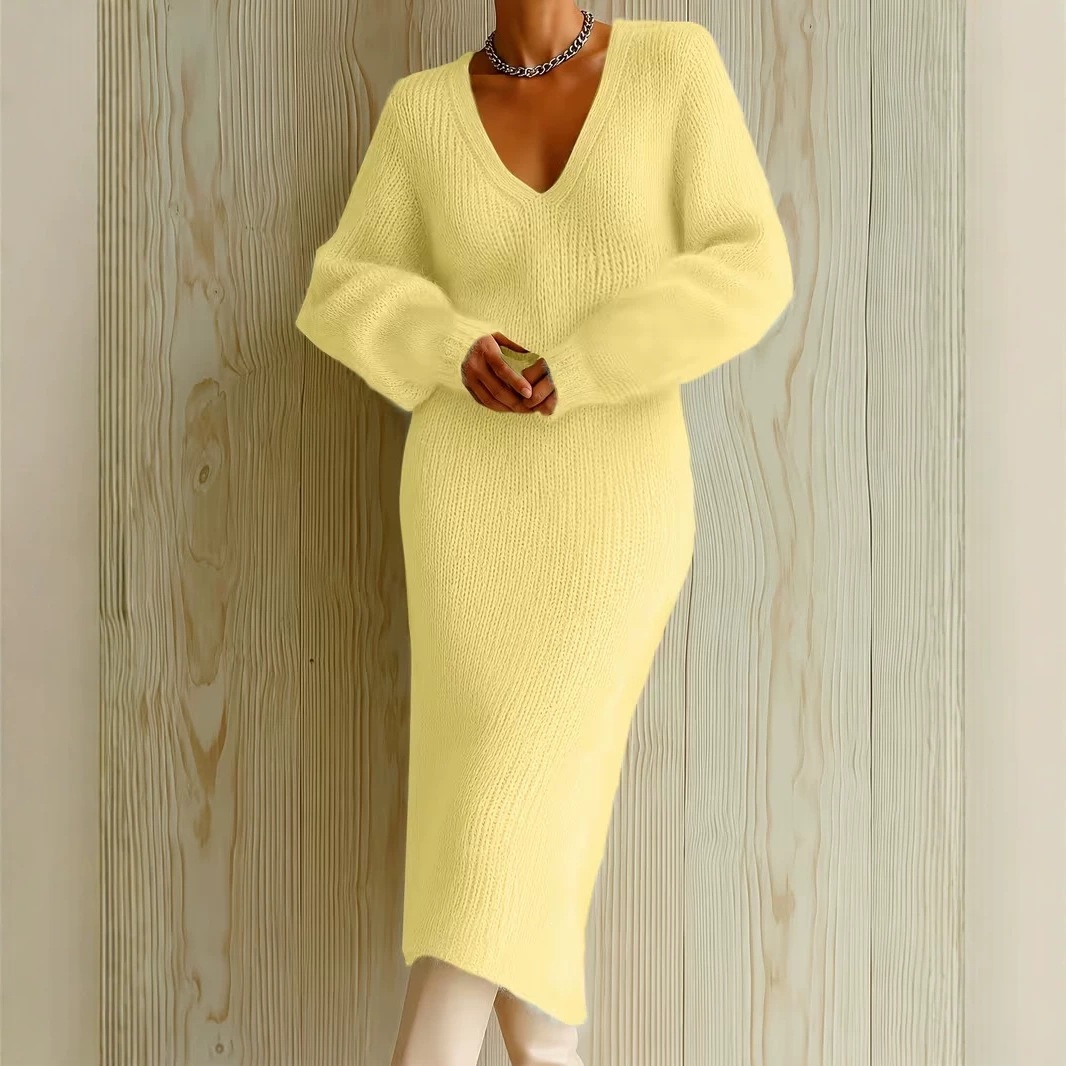Women's Fuzzy V-Neck Bubble Sleeve Long Dress