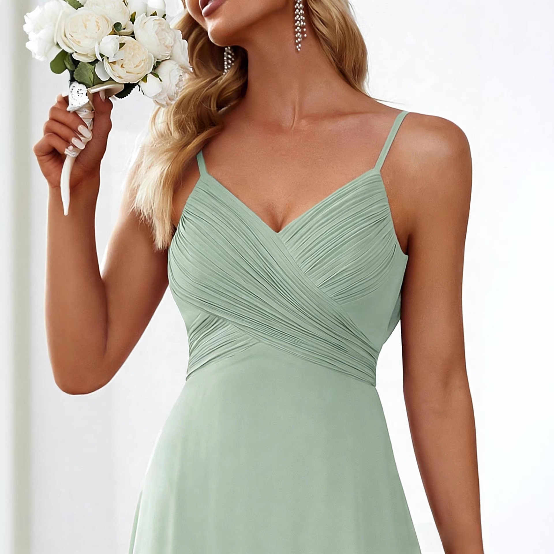 Solid Deep V-Neck Sleeveless Pleated Chiffon Maxi Dress