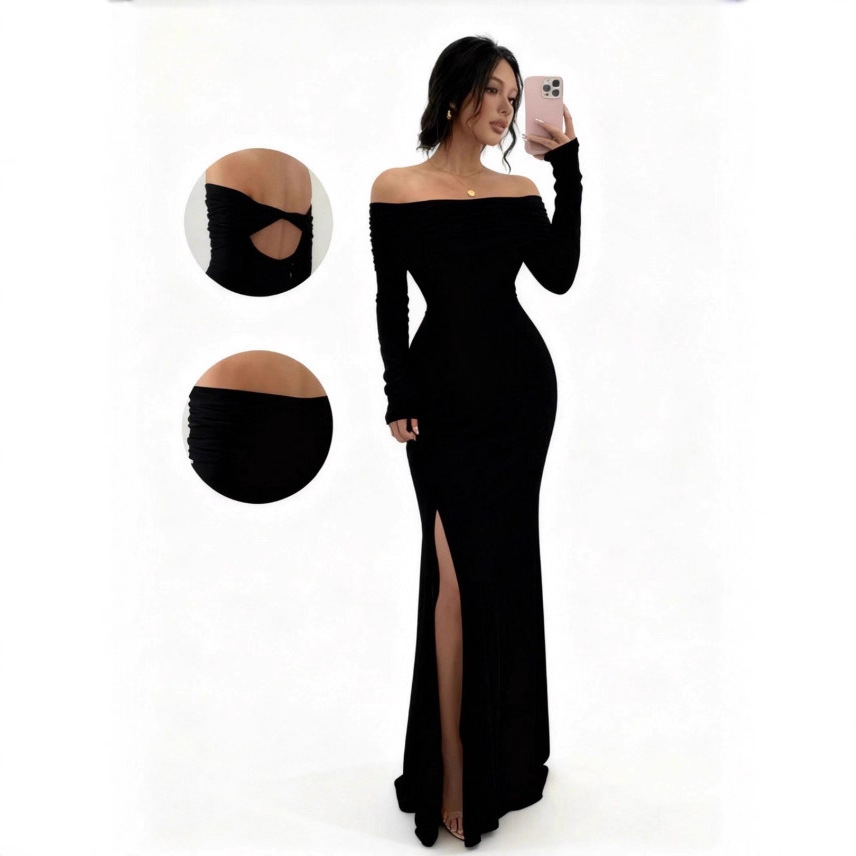 Long Sleeve Off-Shoulder Slit Bodycon Midi Dress