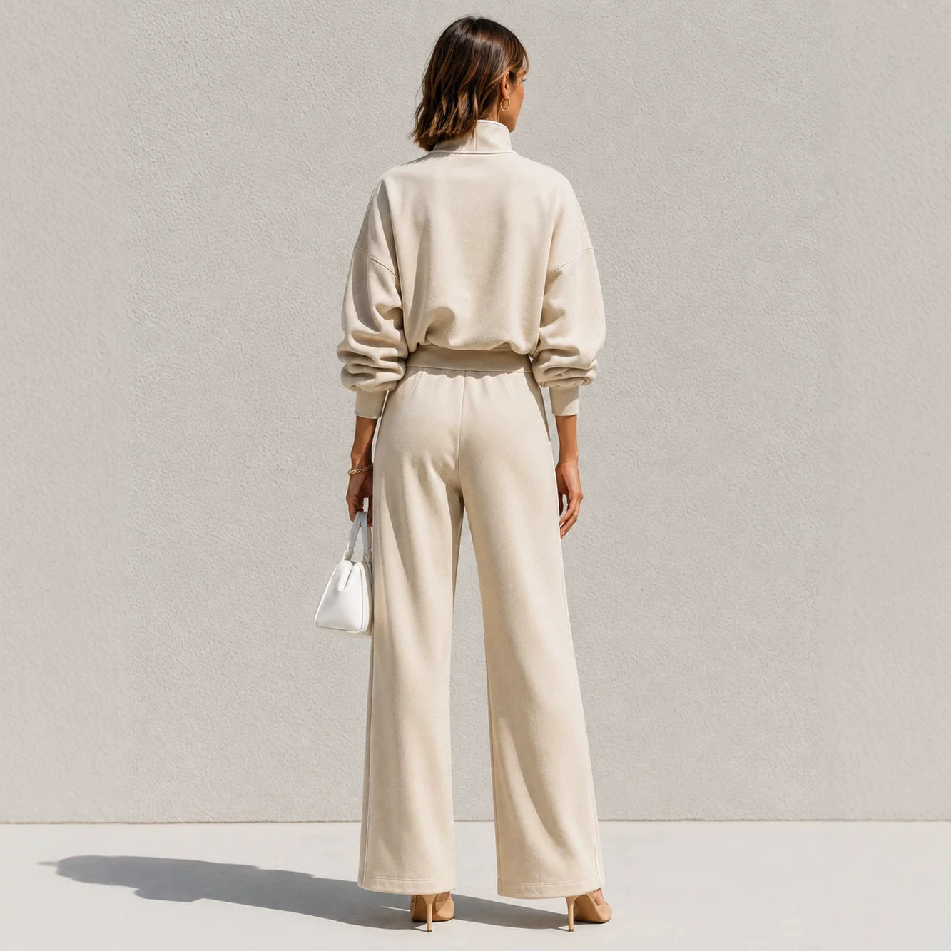 Women's Half-Zip Stand Collar Sweatshirt & High-Waist Wide-Leg Pants Set