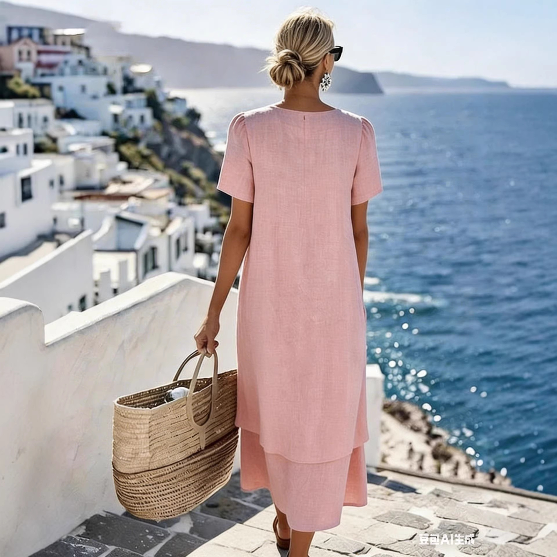 Women's Double-Layer Crew Neck Short Sleeve Casual Dress