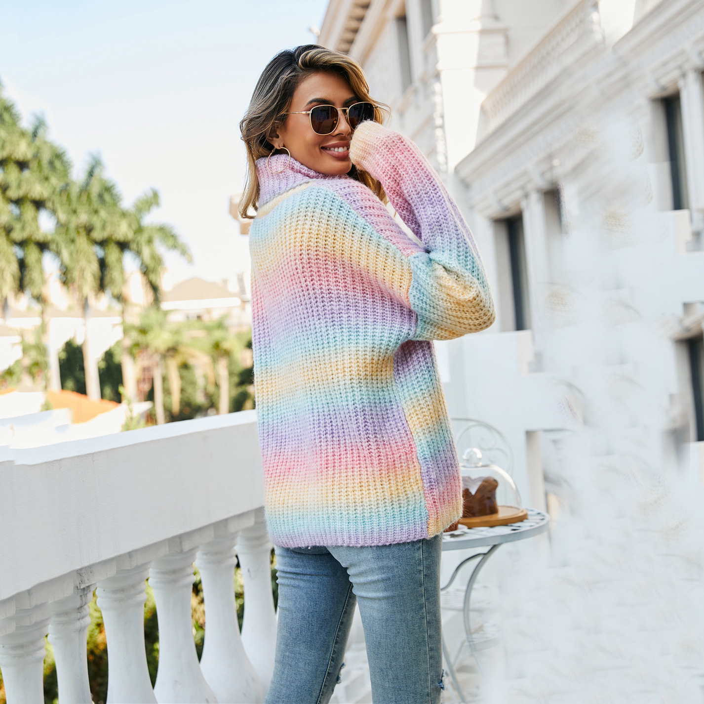 Rainbow Mock Neck Pullover Sweater for Women Plus Size