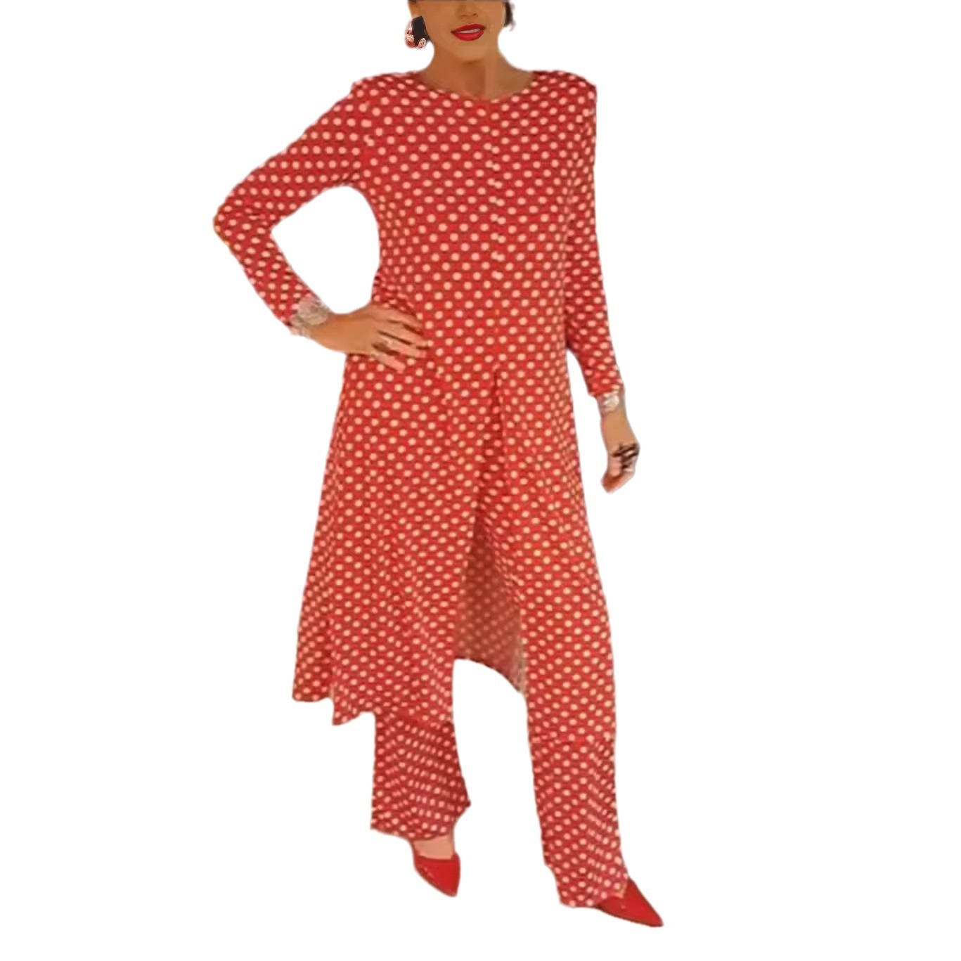Women's Polka Dot Round Neck Slim Fit Slit Top Set