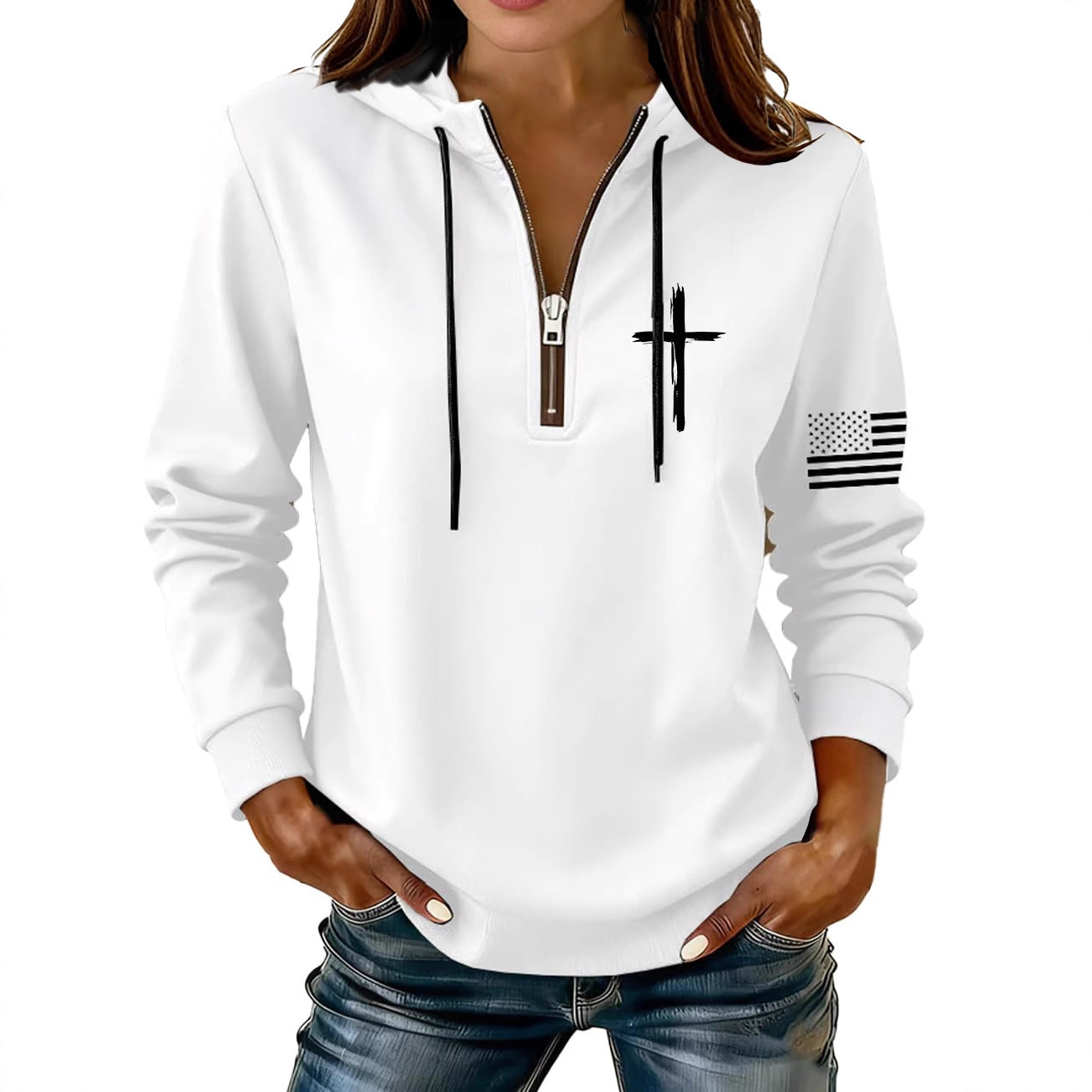 Cross & American Flag Print Half-Zip Hoodie