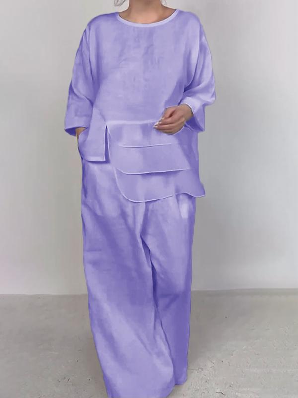 Crewneck Satin Layered Top & Wide-Leg Pants Set