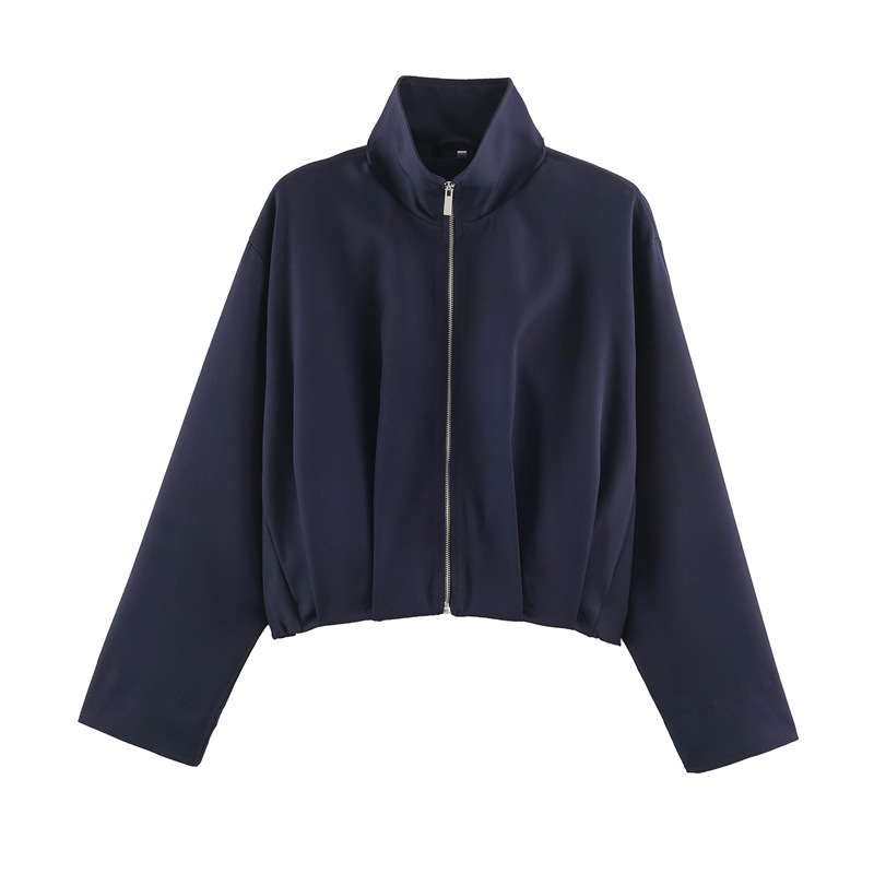 Women's Faux Leather Bomber Jacket Zip-Up Stand Collar Casual