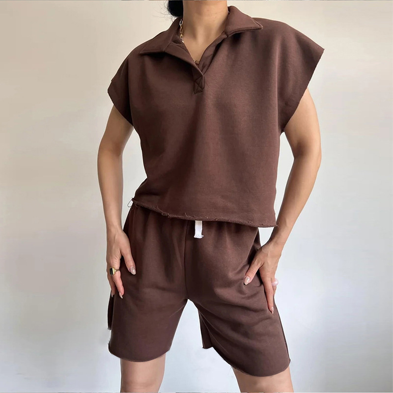 Women's Collared Long-Sleeve Loose Top and Tie Shorts Two-Piece Set