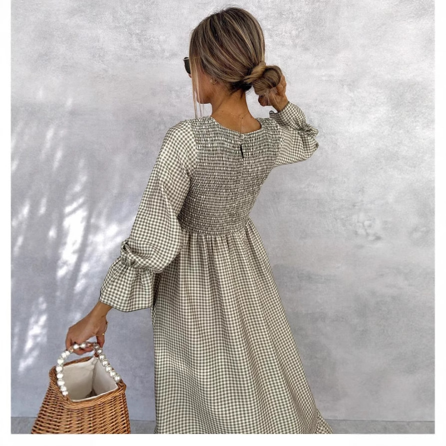 Puff Sleeve Plaid Long Dress