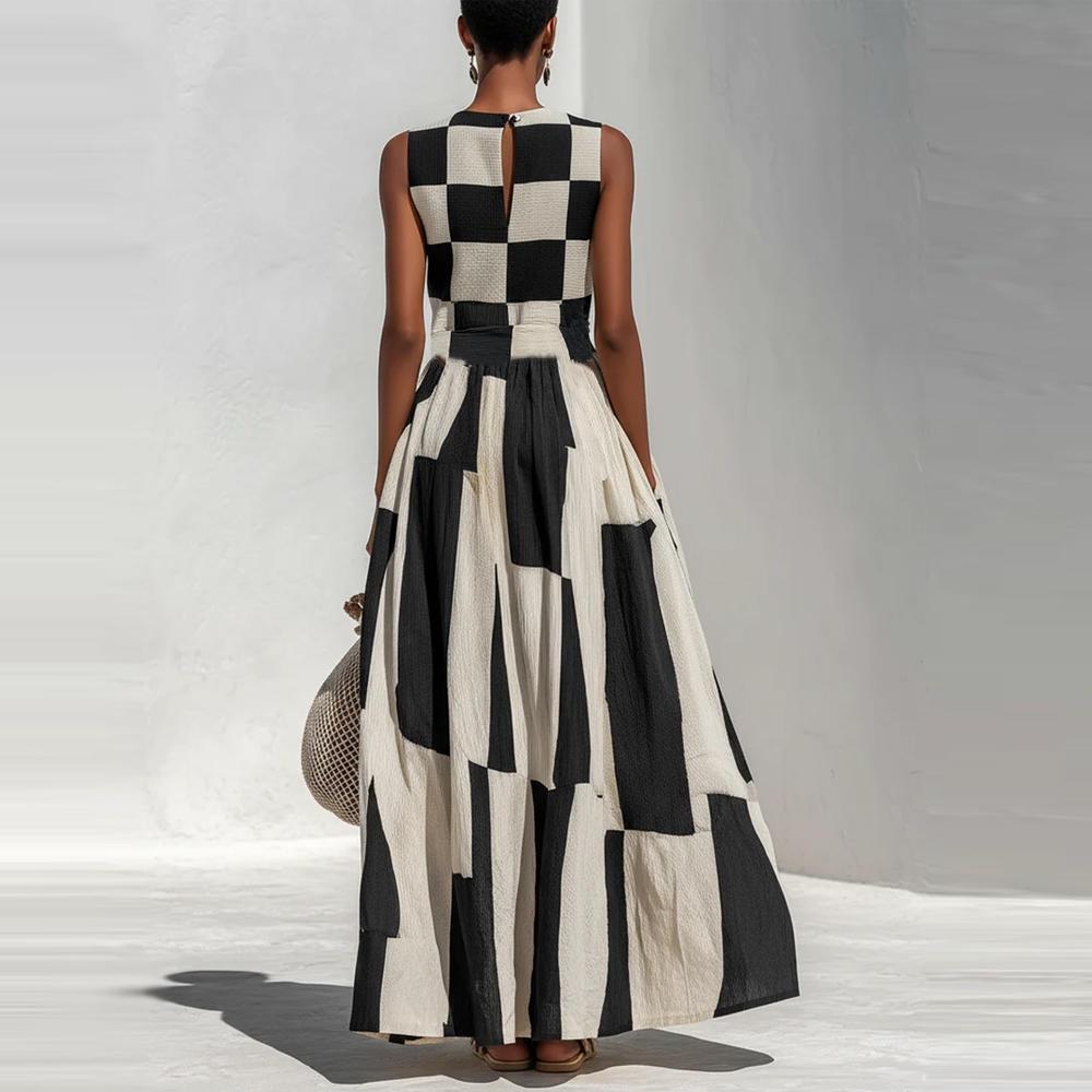 Sleeveless Black and White Plaid Long Dress