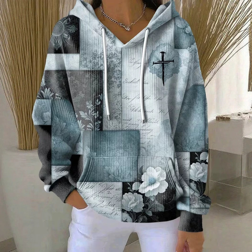 Women's Cross Colorblock Print Casual Hoodie