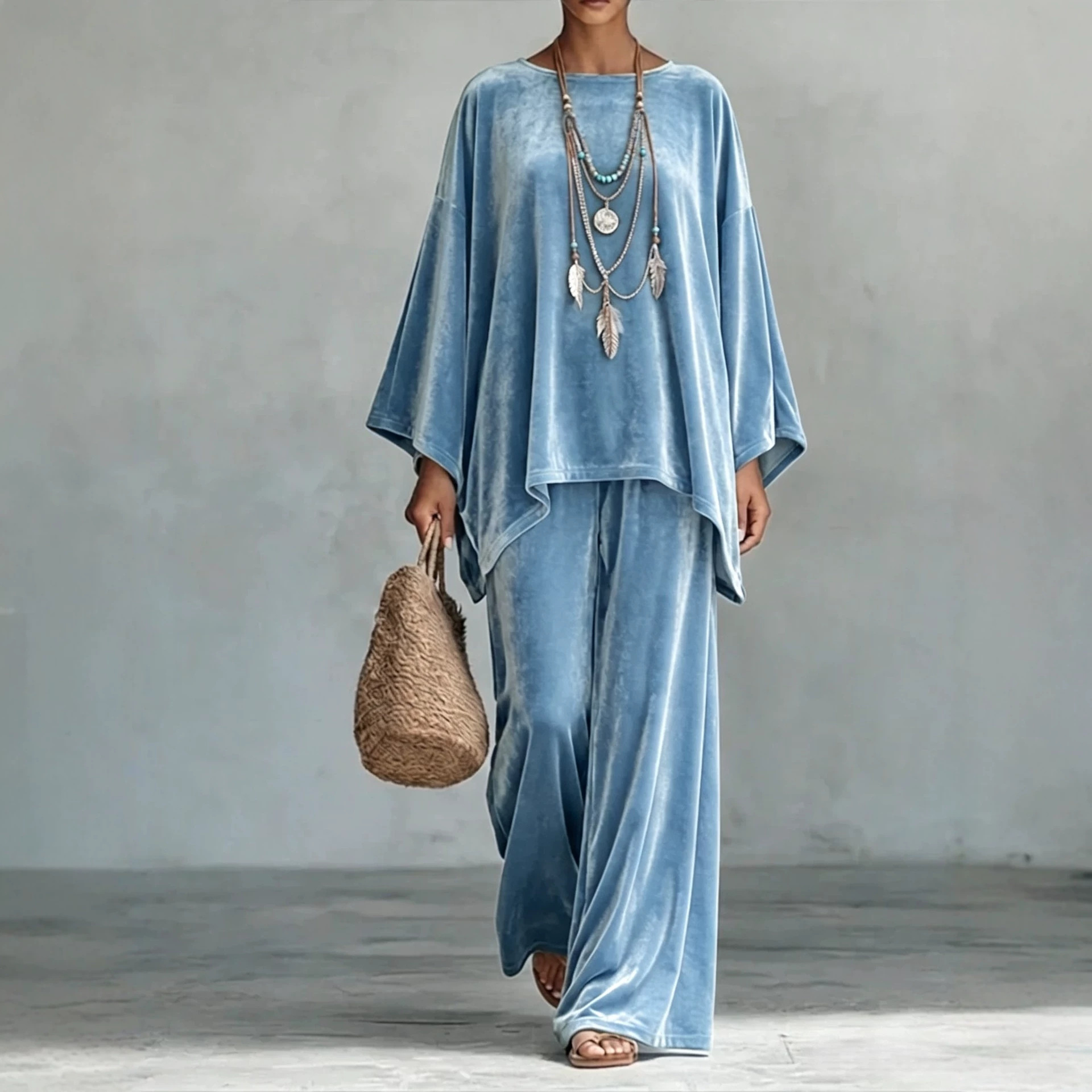 Women's Velvet Round Neck Long Sleeve Shirt and Wide Leg Pants Set