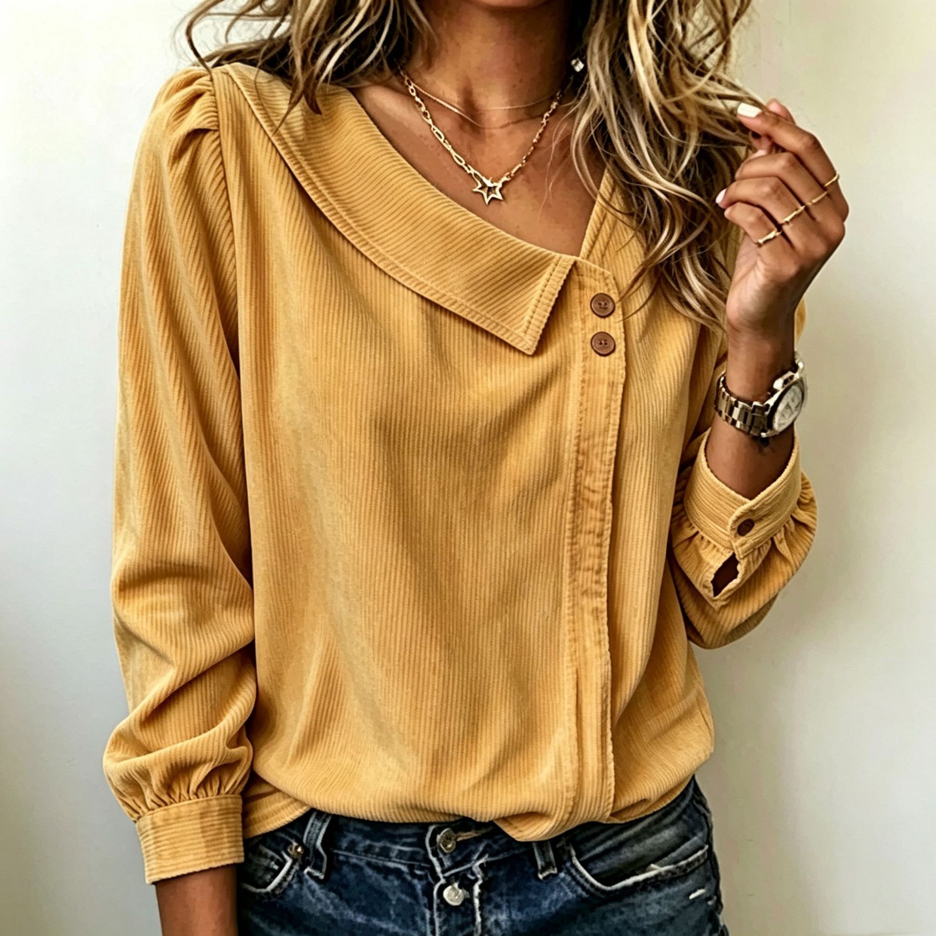 Corduroy Shirt Asymmetrical Slant Neck Long Sleeve Loose Casual Top