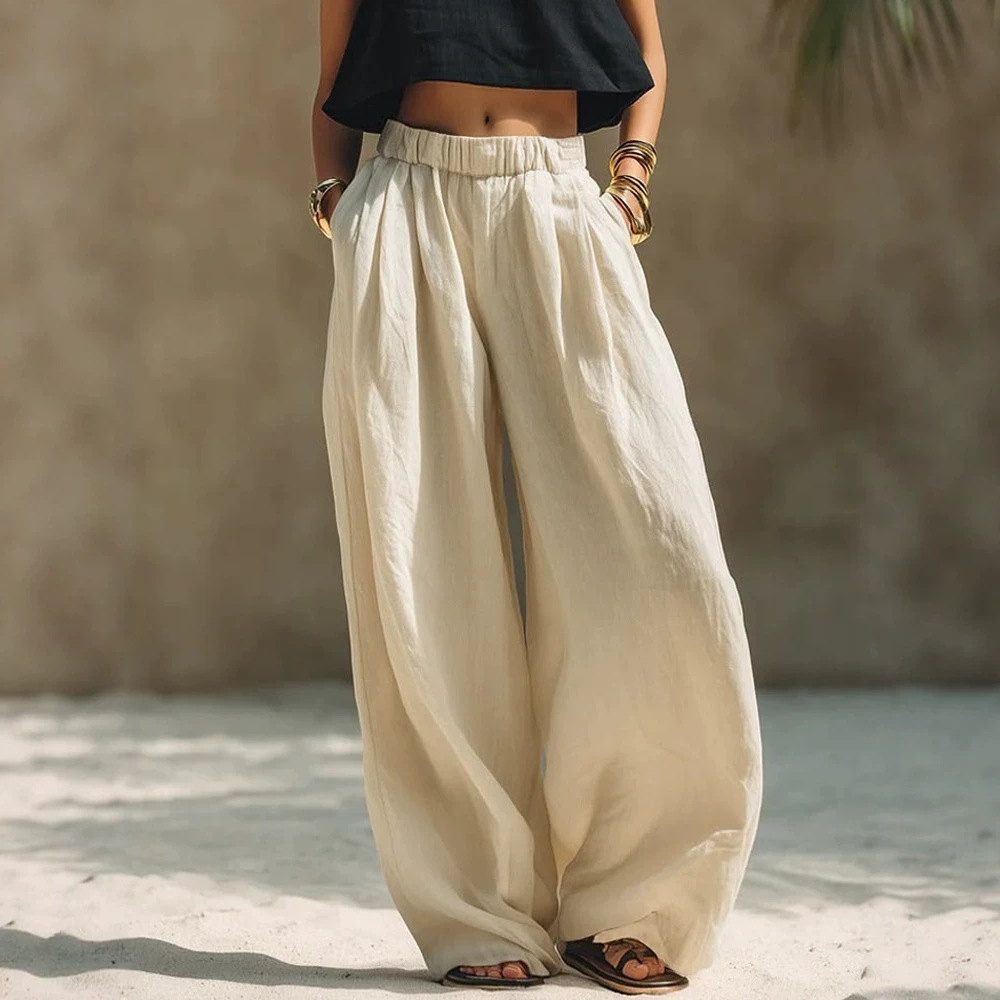 Women's Cotton-Linen Wide-Leg Pants Solid Color Elastic Waist Loose Casual