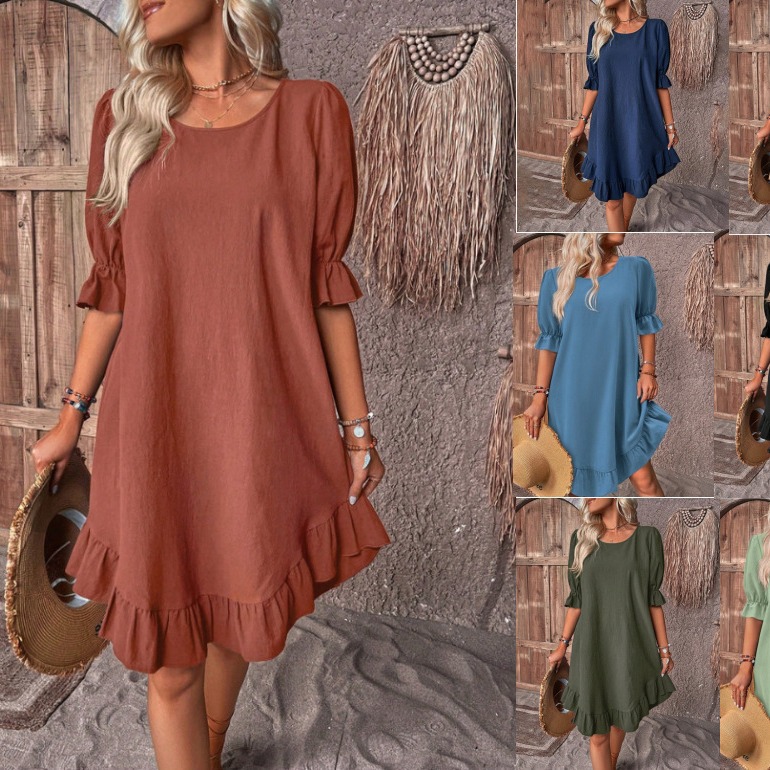Women's Vintage Cotton-Linen Midi Dress with Short Sleeves, Round Neck, Solid Color, Loose A-Line Flowy Skirt