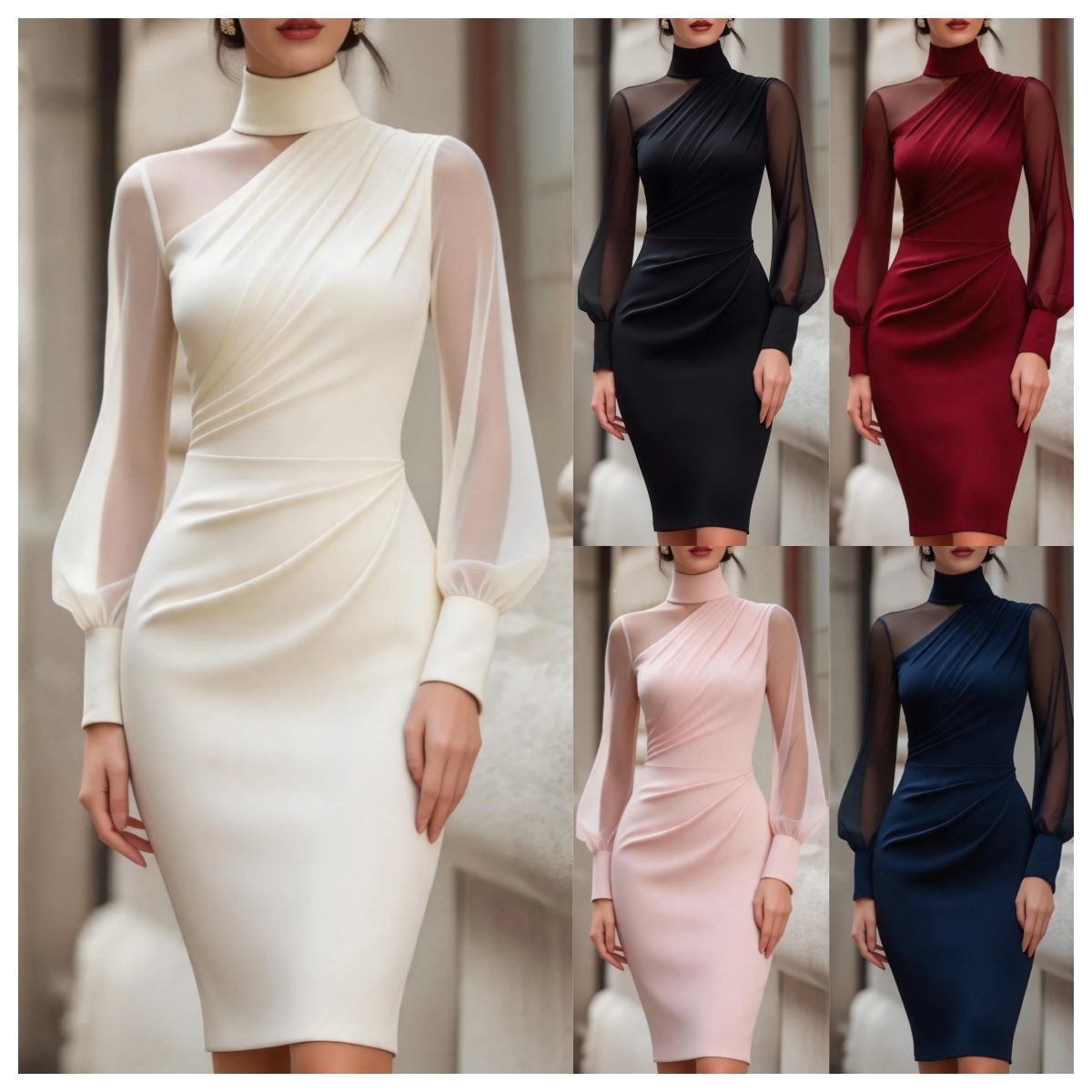 Mesh Panel High Neck Lantern Sleeve Bodycon Midi Dress