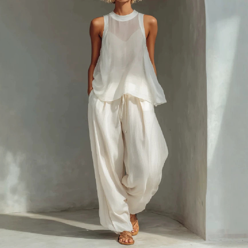 Semi-Sheer Sleeveless Drawstring Top & Wide-Leg Pants Set