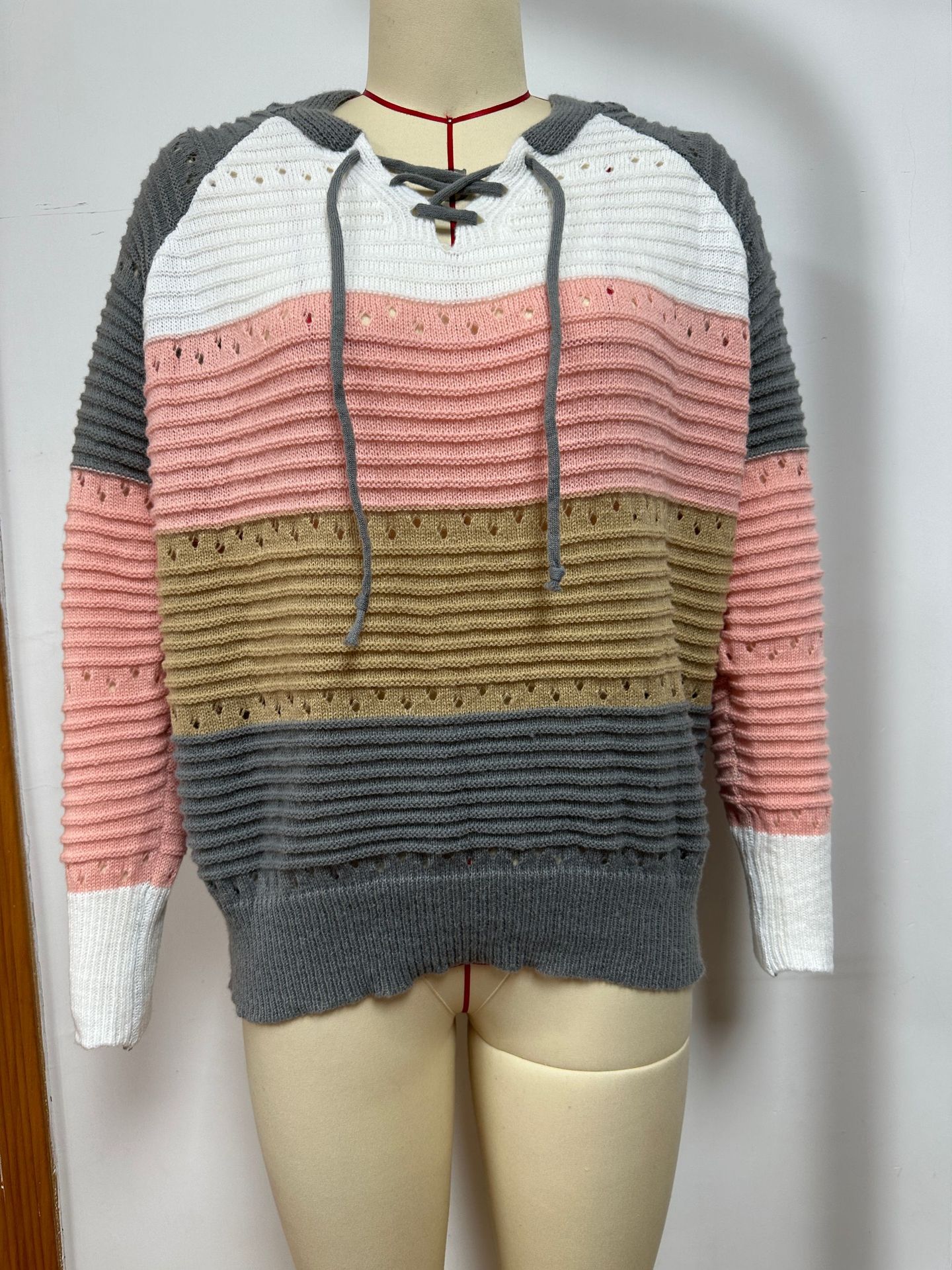 V-Neck Striped Hooded Knit Pullover Women's Color-Block Hollow-Out Sweater