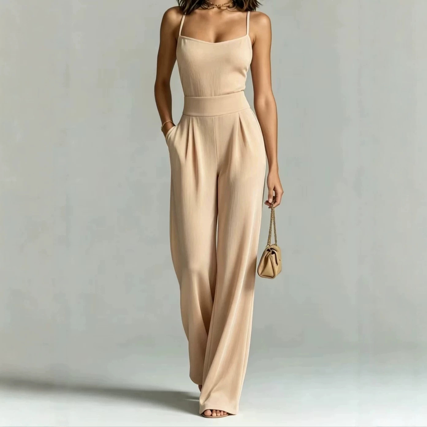 Women's Sleeveless Knit Jumpsuit with Pockets, Square Neck, Wide Leg, Cinched Waist