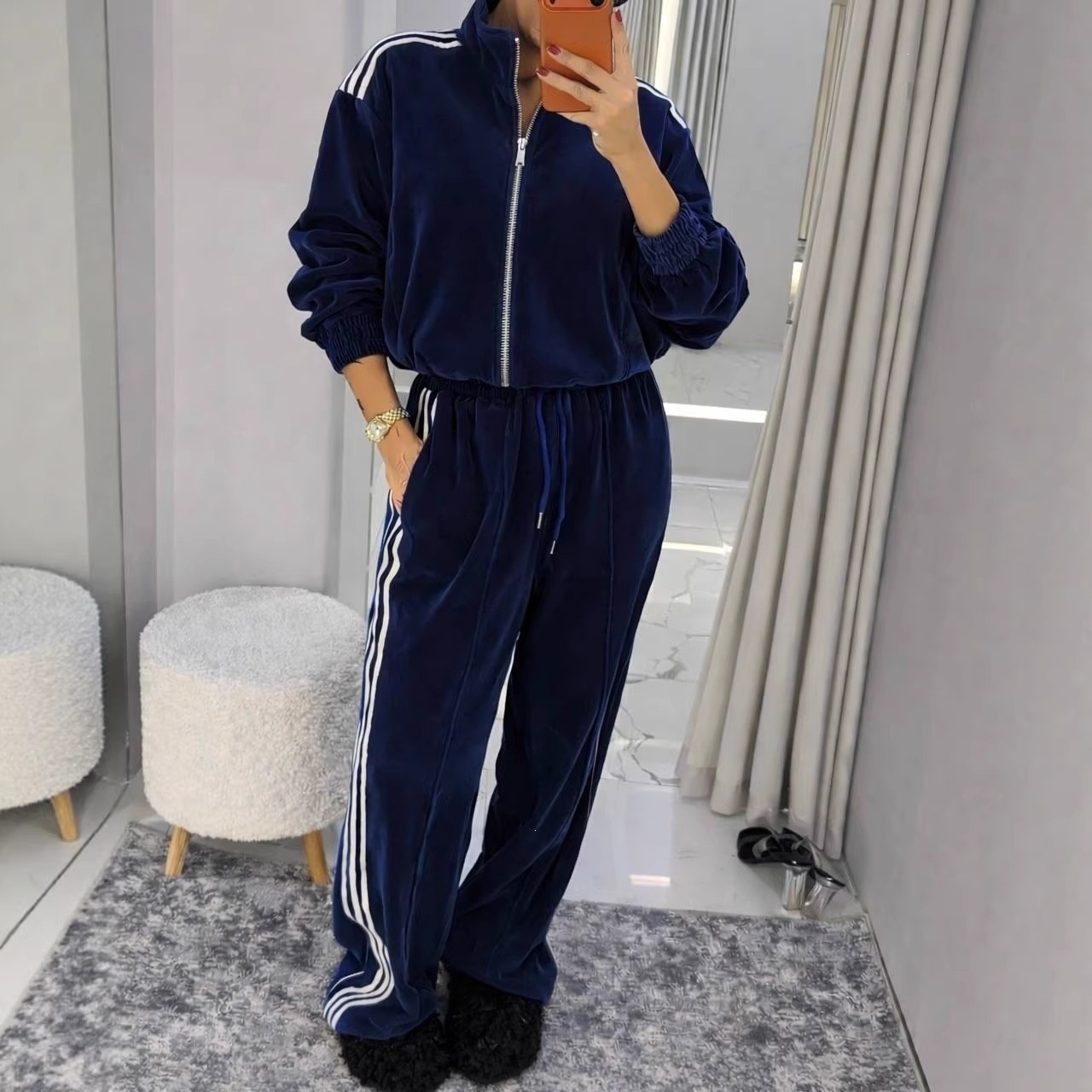 Women's Casual Two-Piece Set Long Sleeve Zip Cardigan and Tie-Waist Pants